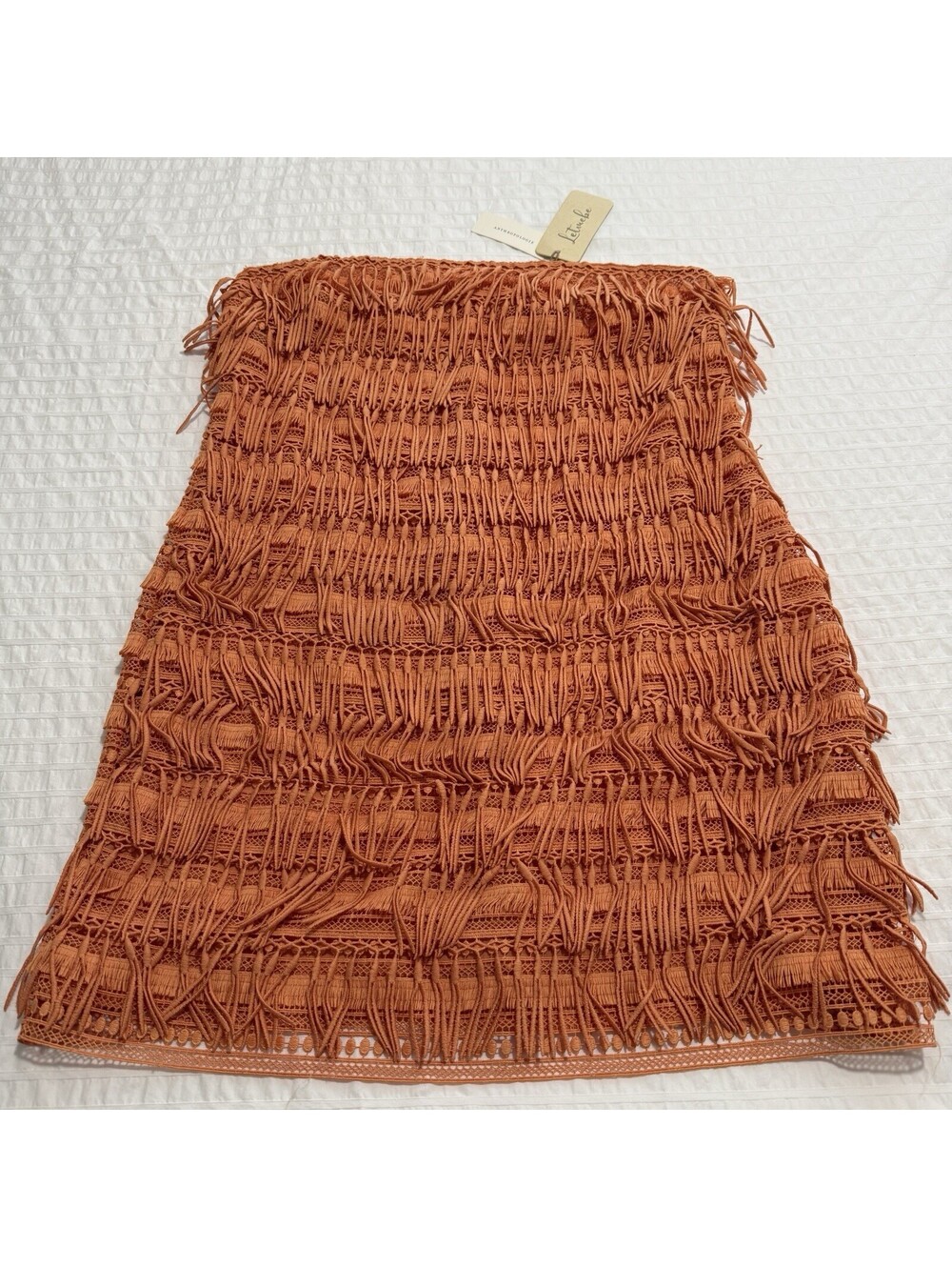 Anthropologie Let Me Be Orange Fringe Tube Strapless Mini Dress NWT Sz L Large